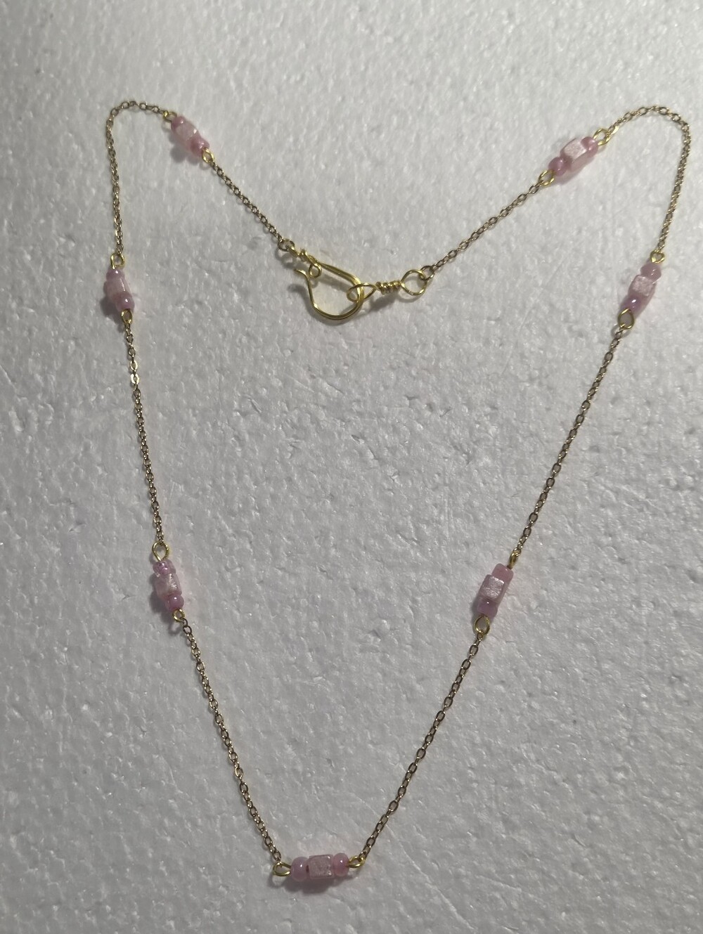 Handcrafted Gold Chain Station Necklace with Light Pink Bead Accents